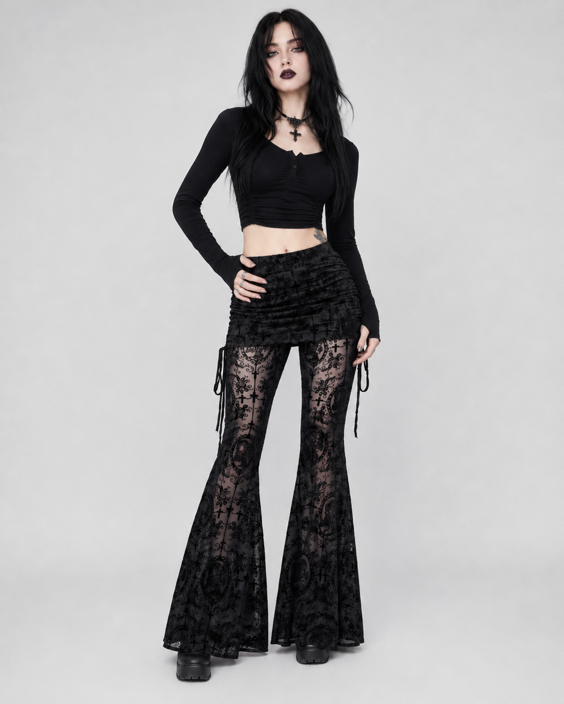 Black Gothic Cross Flocked Mesh Flare Trousers