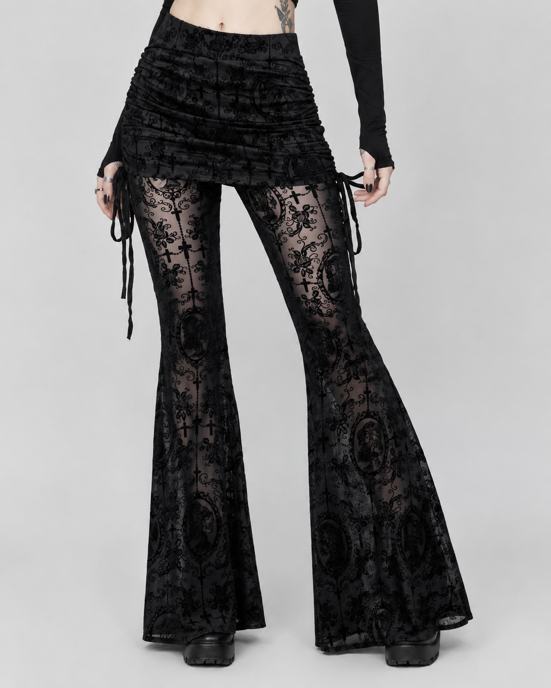 Black Gothic Cross Flocked Mesh Flare Trousers