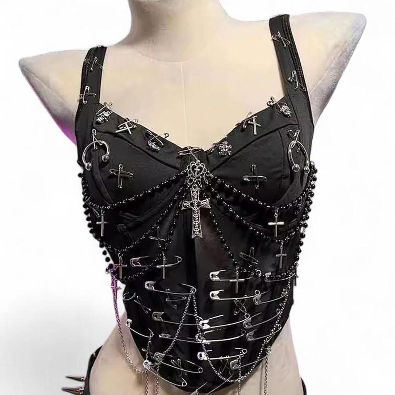 Black Customised Punk Goth Corset Chain Metalcore Top