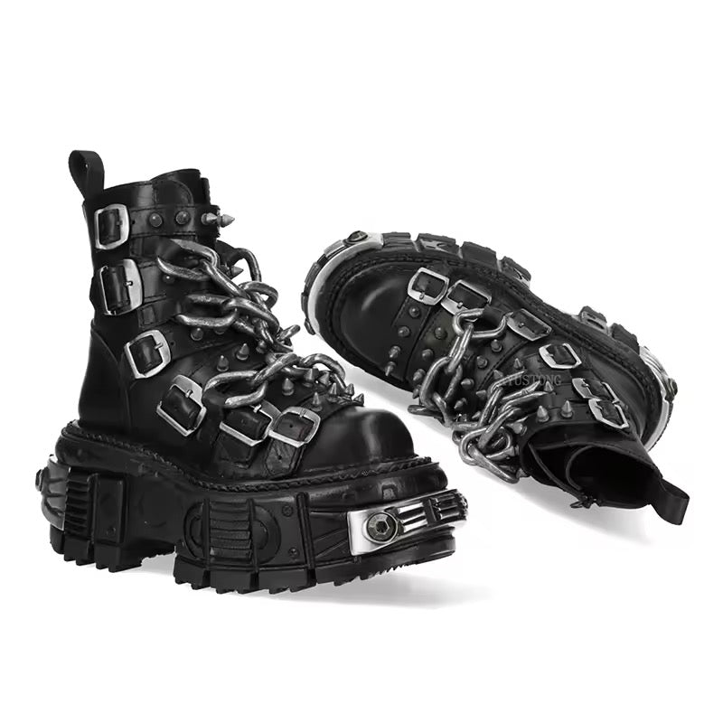 Black Chunky Chain Platform Stomper Punk Boots