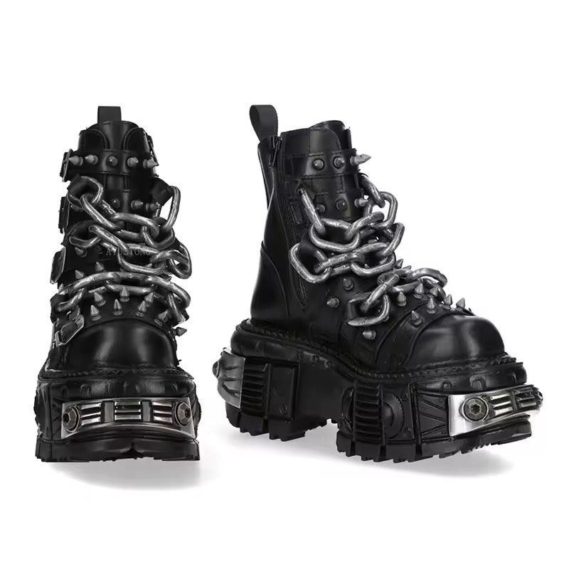 Black Chunky Chain Platform Stomper Punk Boots