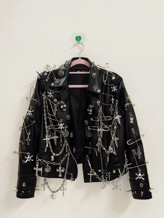 Black Punk Customised Studded Chain Leather Jacket