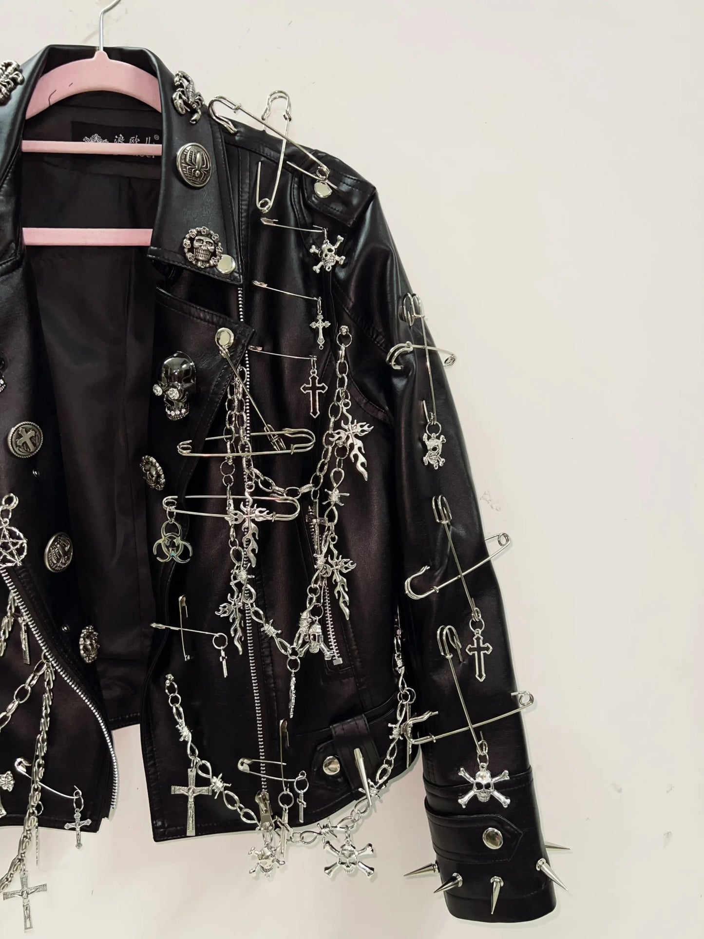 Black Punk Customised Studded Chain Leather Jacket