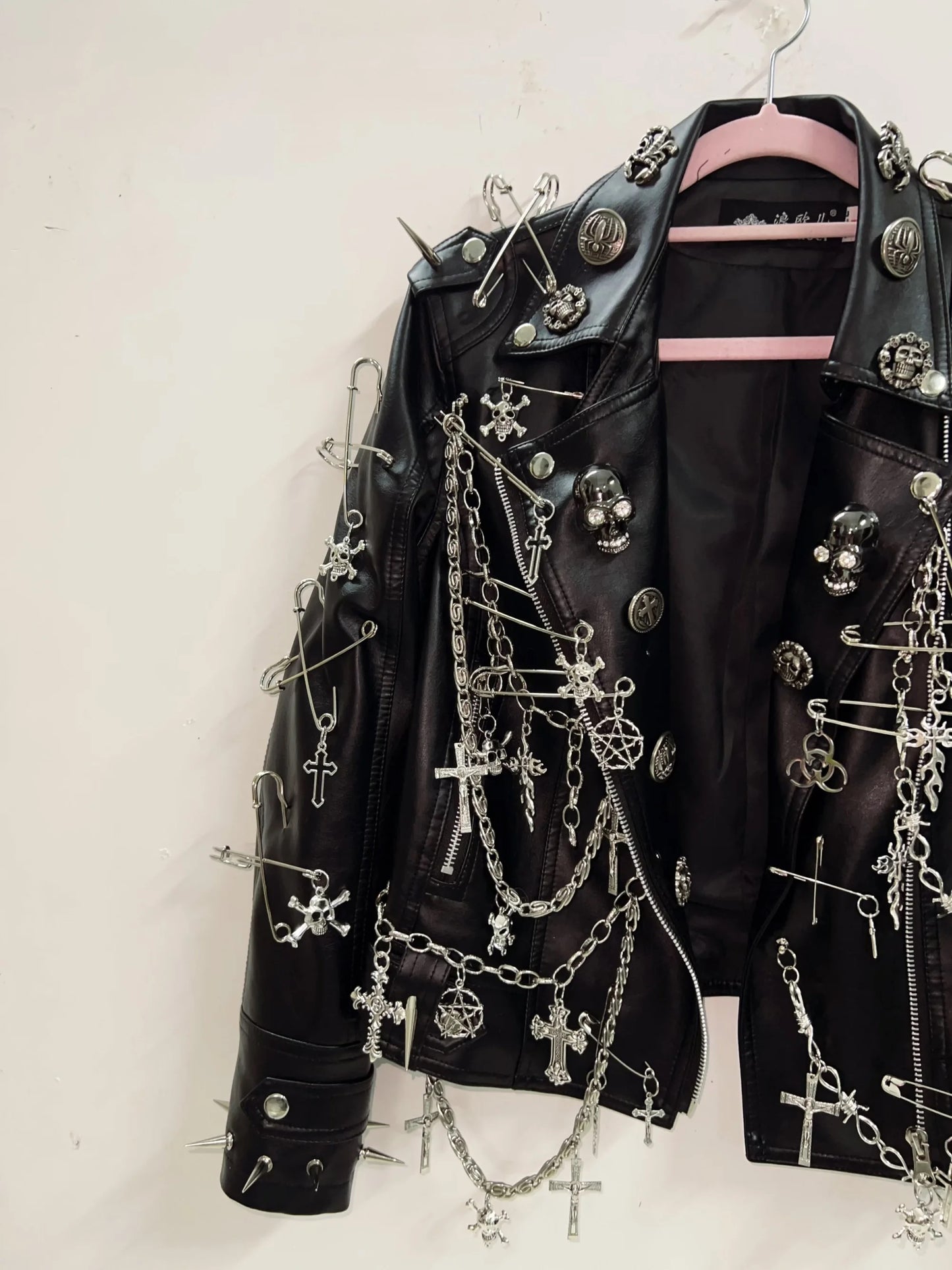 Black Punk Customised Studded Chain Leather Jacket