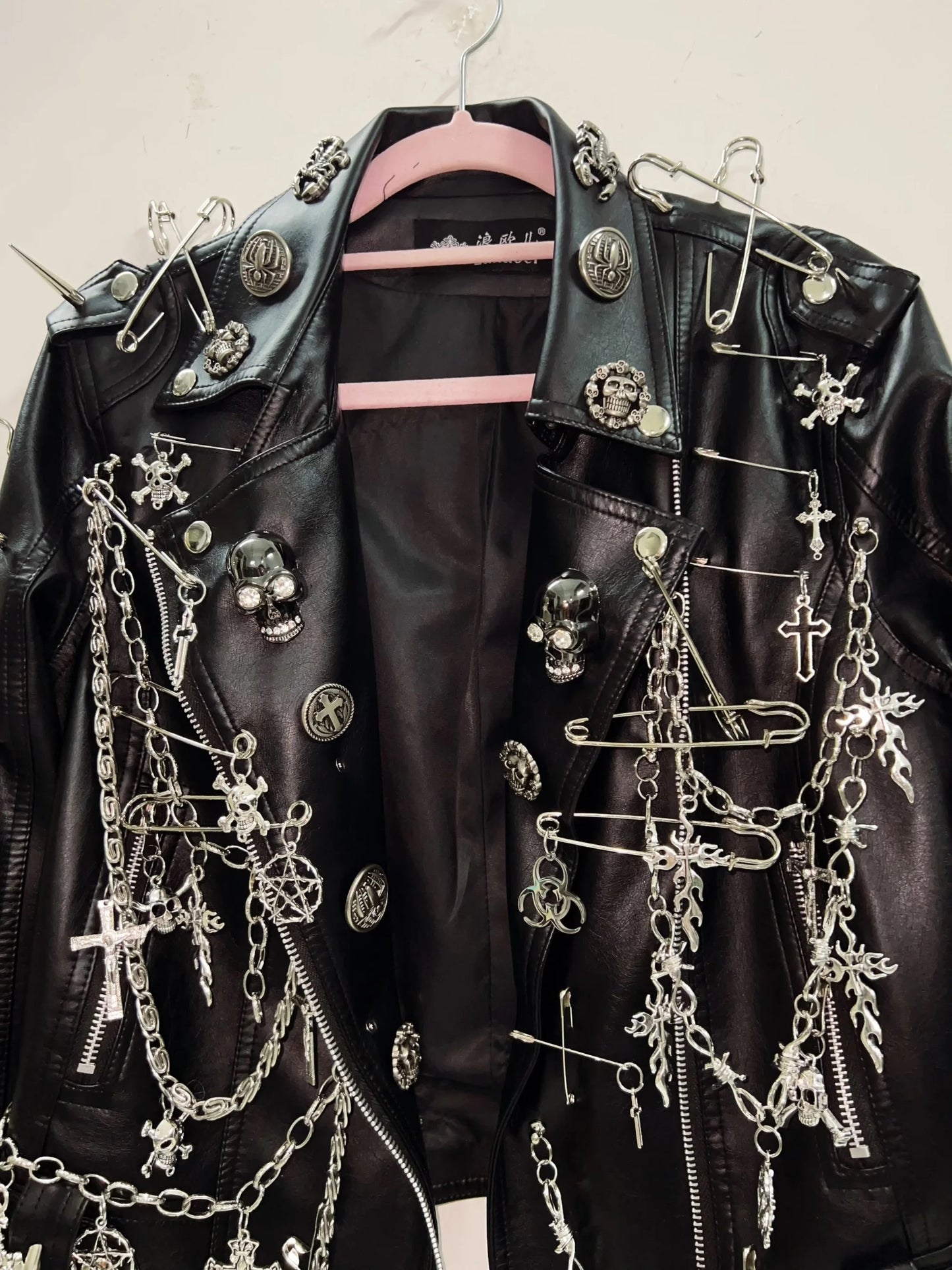 Black Punk Customised Studded Chain Leather Jacket