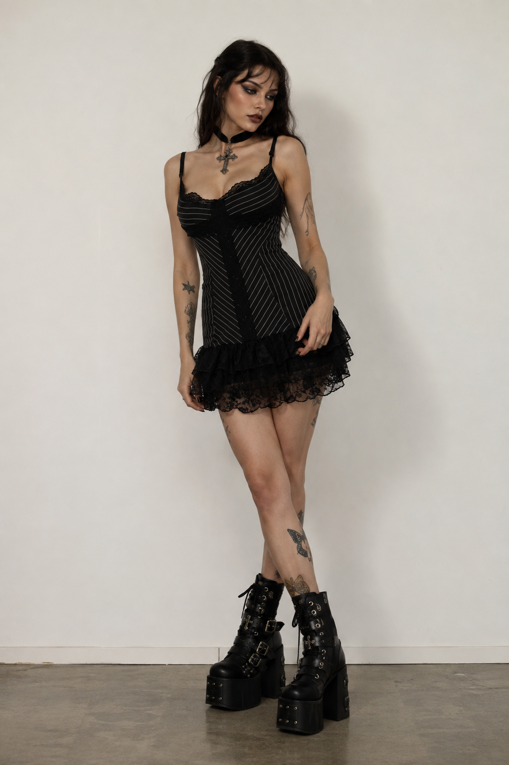 Black Lolita Pinstripe Lace Grunge Mini Dress