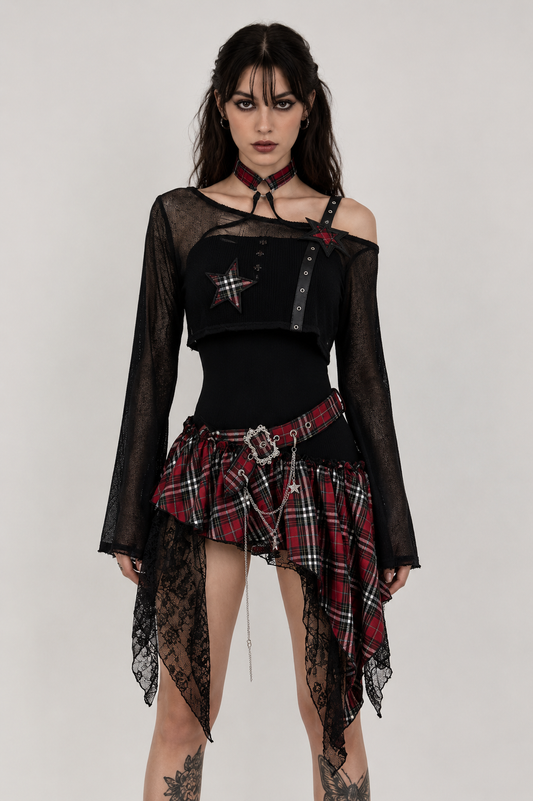 Black And Red 2 Piece Punk Checkered Dress Layer Set