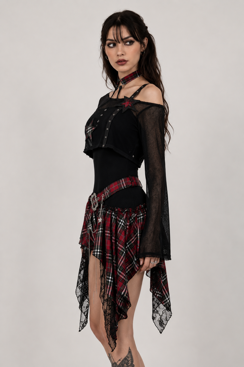 Black And Red 2 Piece Punk Checkered Dress Layer Set