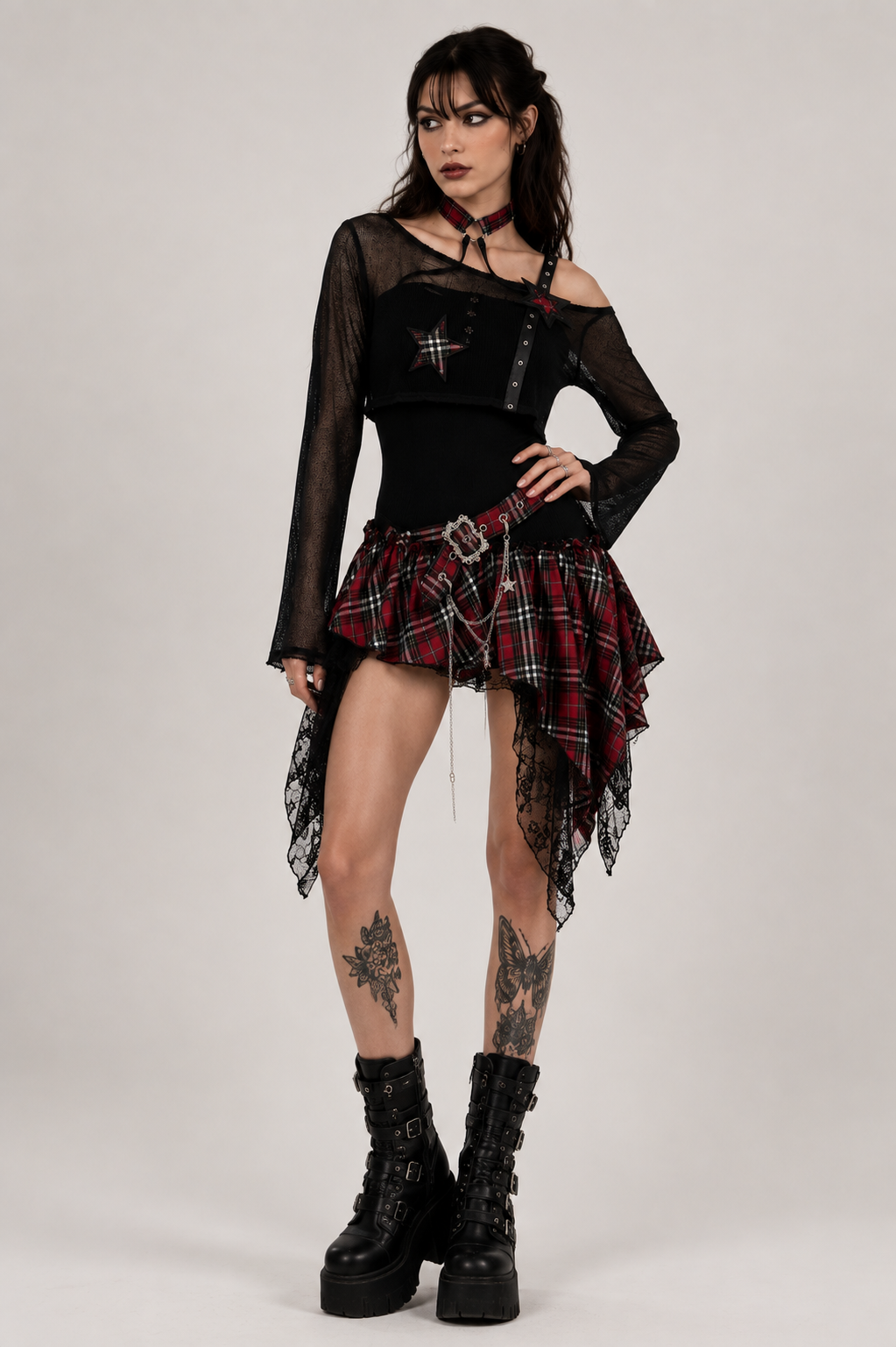Black And Red 2 Piece Punk Checkered Dress Layer Set