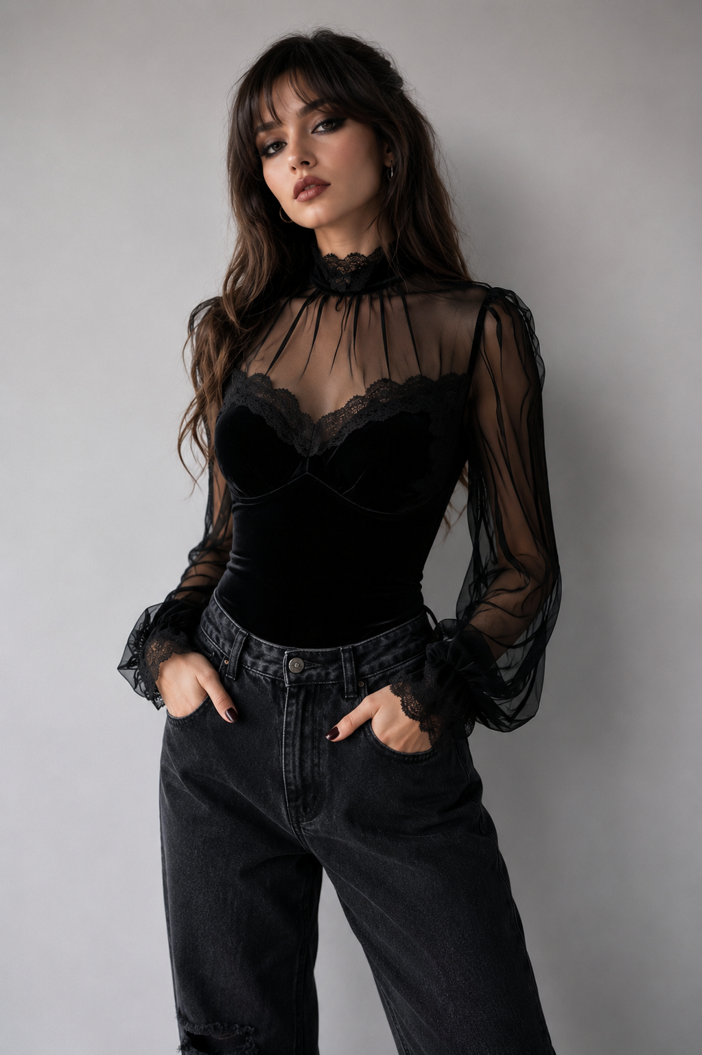 Black Romantic Gothic Velour Mesh Long Sleeve Top