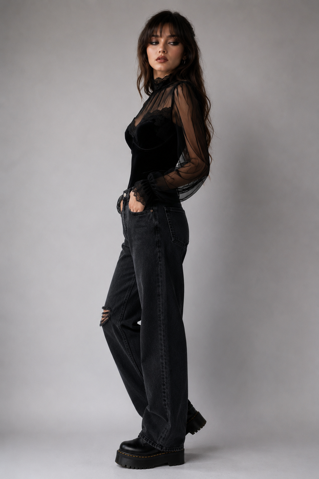 Black Romantic Gothic Velour Mesh Long Sleeve Top