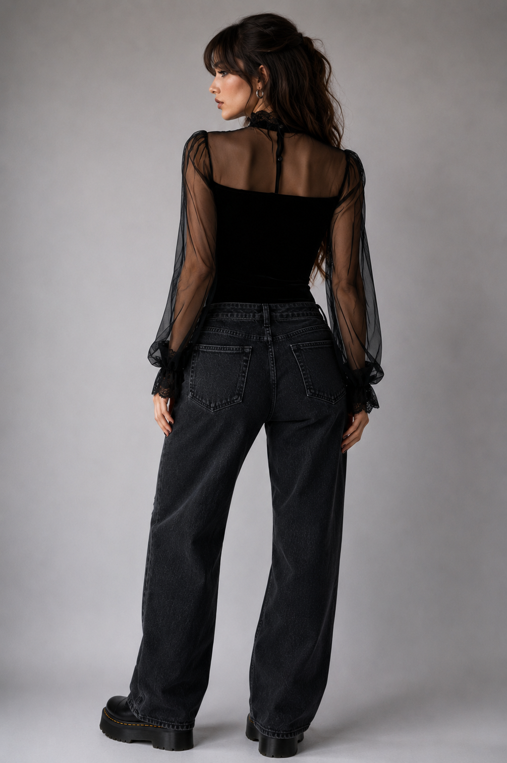 Black Romantic Gothic Velour Mesh Long Sleeve Top