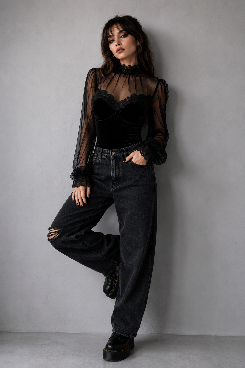 Black Romantic Gothic Velour Mesh Long Sleeve Top