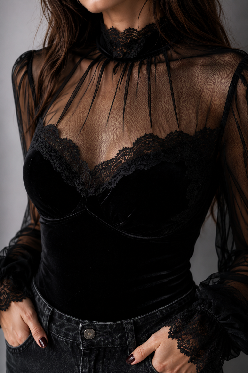Black Romantic Gothic Velour Mesh Long Sleeve Top