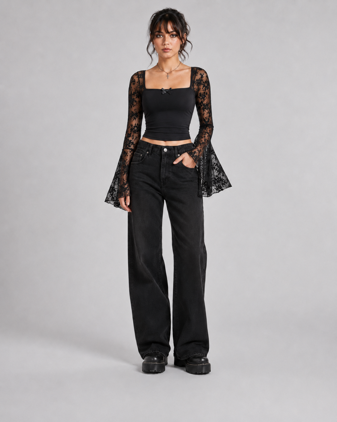 Black Gothic Romance Lace Tank Bell Sleeve Crop Top