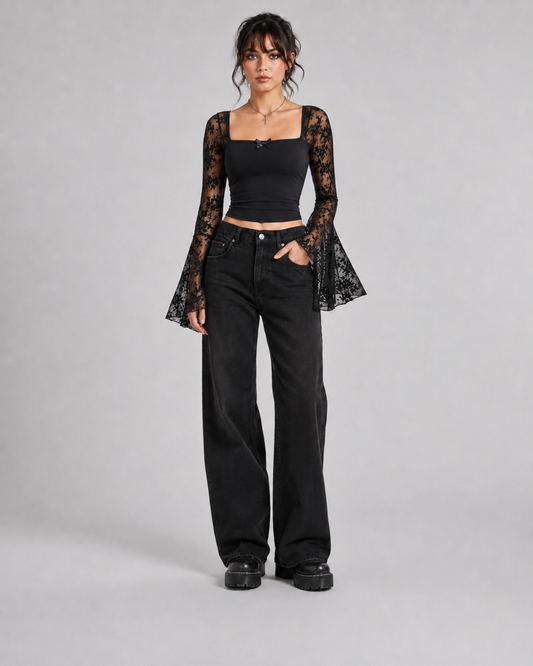Black Gothic Romance Lace Tank Bell Sleeve Crop Top