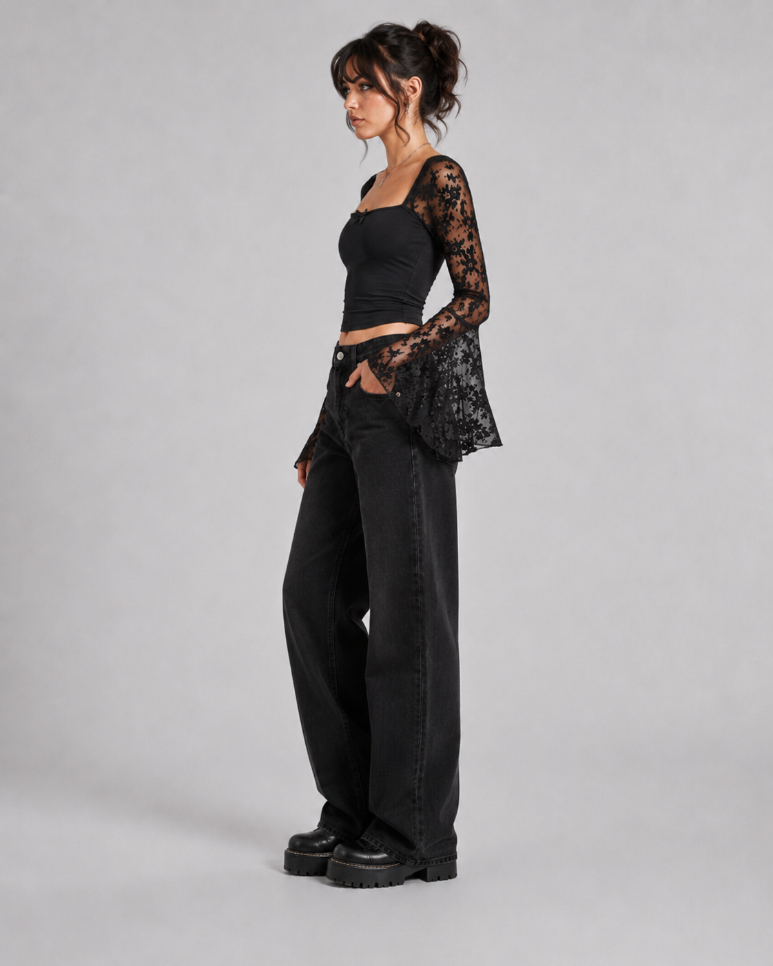 Black Gothic Romance Lace Tank Bell Sleeve Crop Top