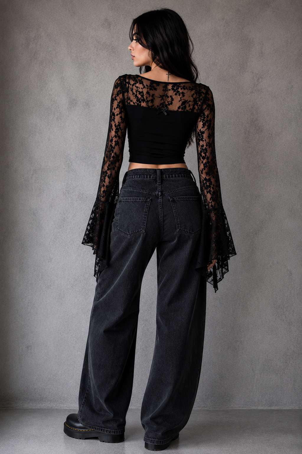 Black Gothic Romance Lace Tank Bell Sleeve Crop Top