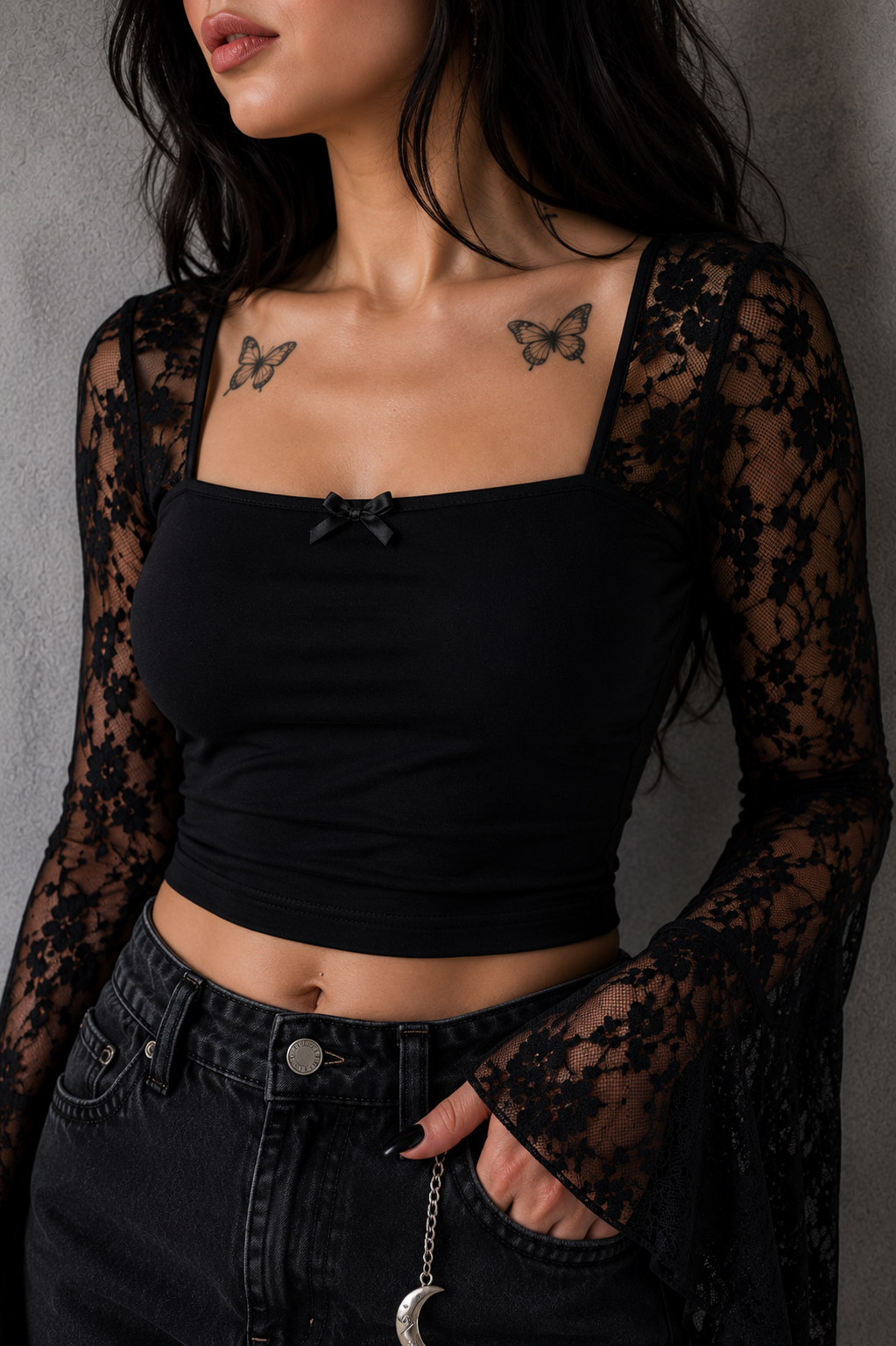 Black Gothic Romance Lace Tank Bell Sleeve Crop Top