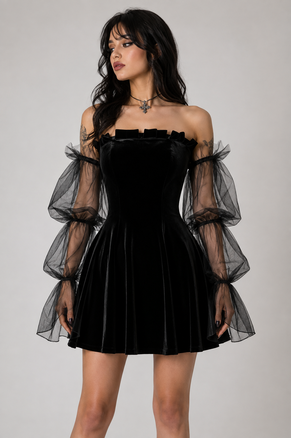 Black Gothic After Midnight Velvet Mesh Party Mini Skater Dress