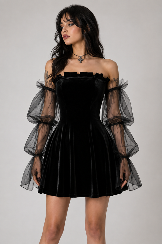 Black Gothic After Midnight Velvet Mesh Party Mini Skater Dress