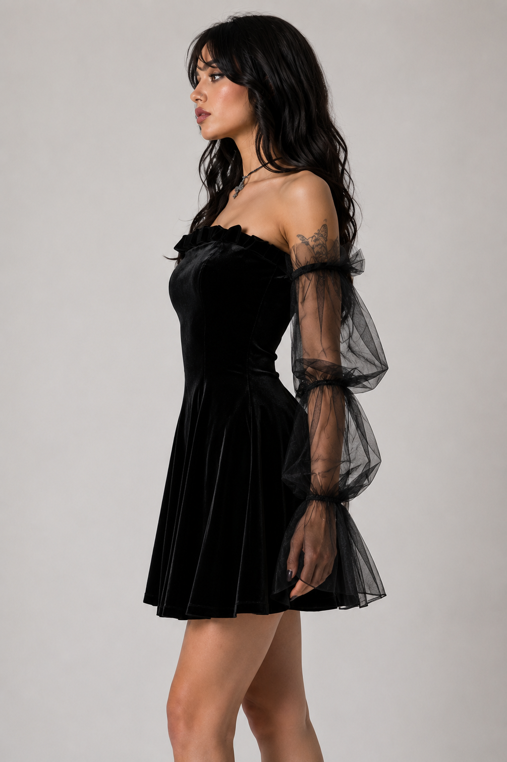 Black Gothic After Midnight Velvet Mesh Party Mini Skater Dress