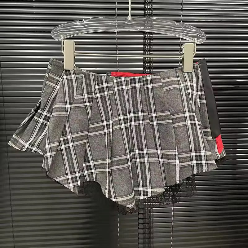 Grey Checkered Patchwork Punk Mini Skirt