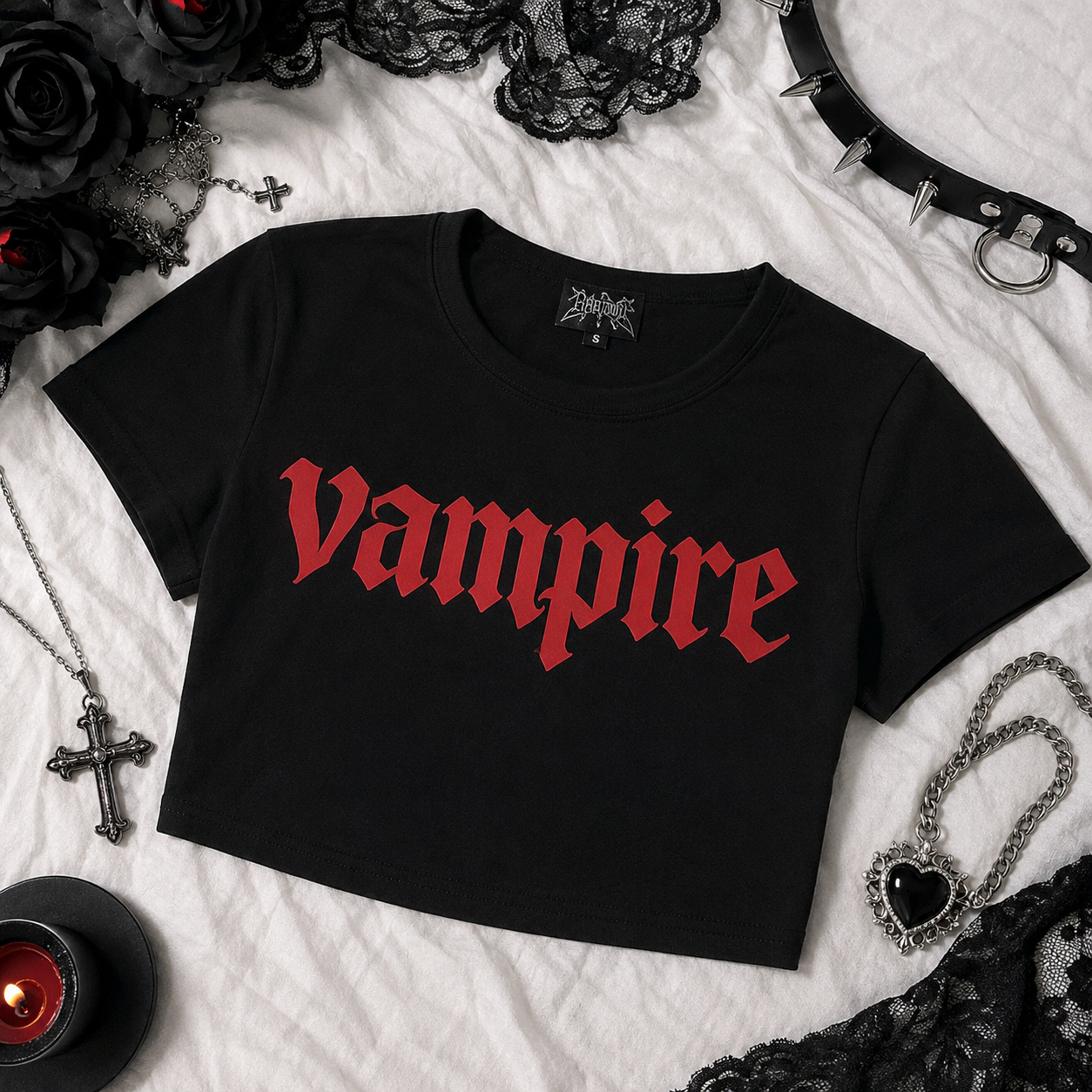 Black Gothic Vampire Slogan Cropped T Shirt
