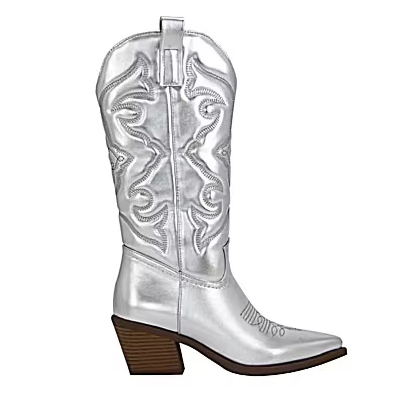 Silver Faux Leather Mid Calf Cowboy Boots