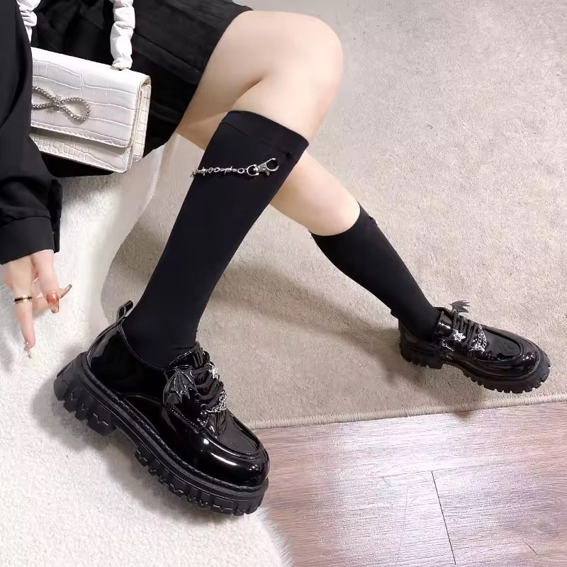 Black Patent Chunky Platform Gothic Bat Wing Chain Loafers