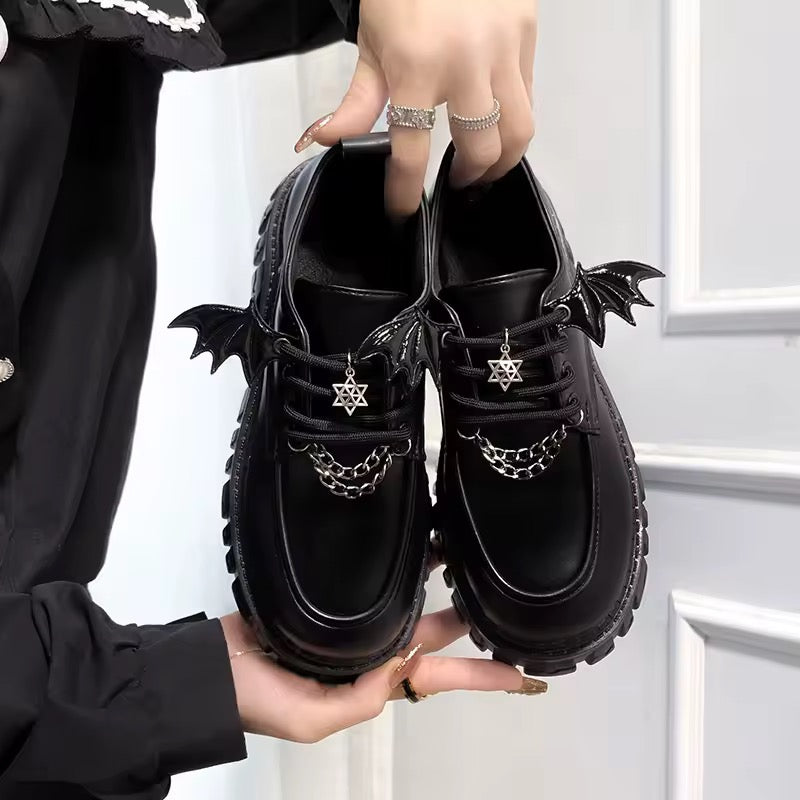 Black Patent Chunky Platform Gothic Bat Wing Chain Loafers