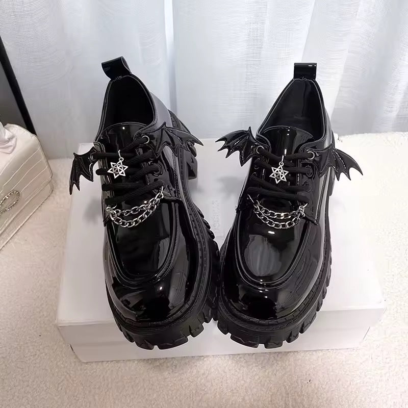 Black Patent Chunky Platform Gothic Bat Wing Chain Loafers