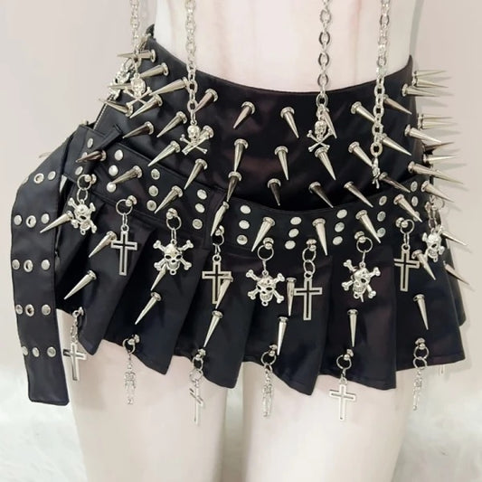 Black Faux Leather Punk Studded Mini Skirt