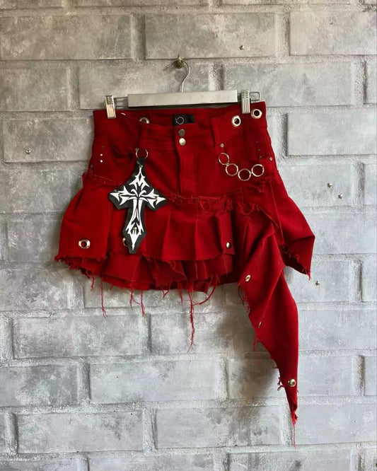 Red Denim Gothic Ra Ra Mini Skirt