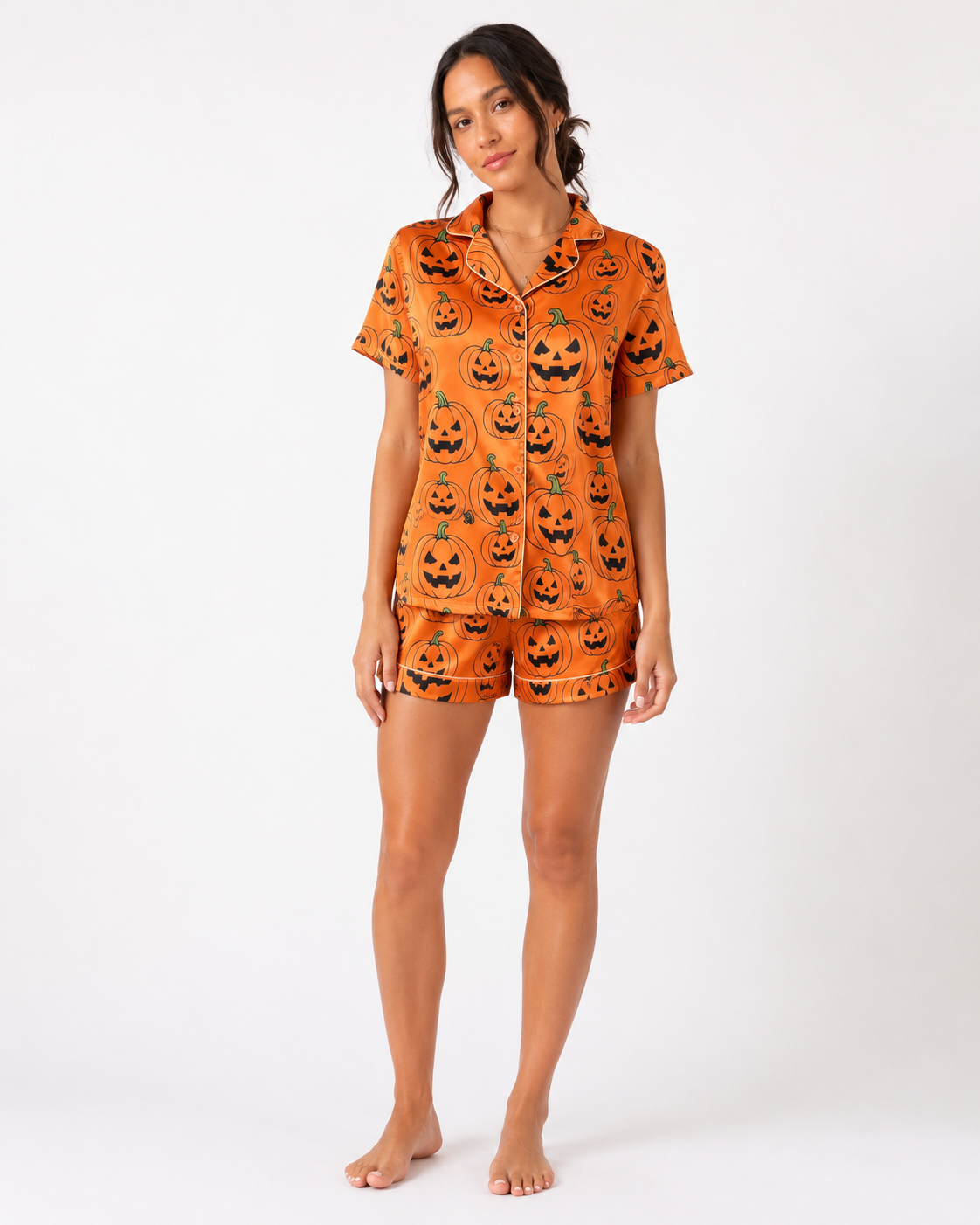 Orange Satin Evil Pumpkin 2 Piece Pyjama Set