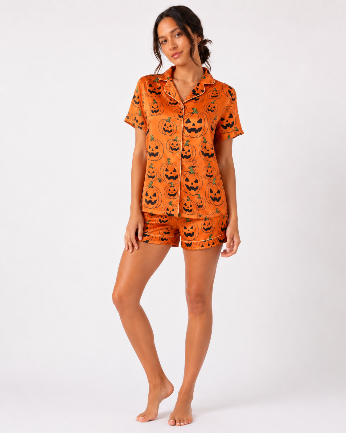 Orange Satin Evil Pumpkin 2 Piece Pyjama Set