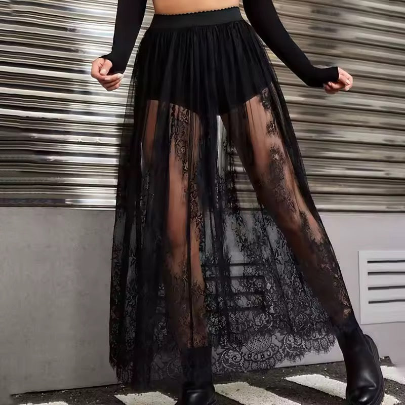 Black Gothic Lace Sheer Maxi Skirt With Shorts