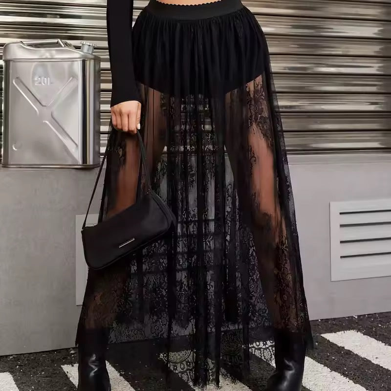 Black Gothic Lace Sheer Maxi Skirt With Shorts