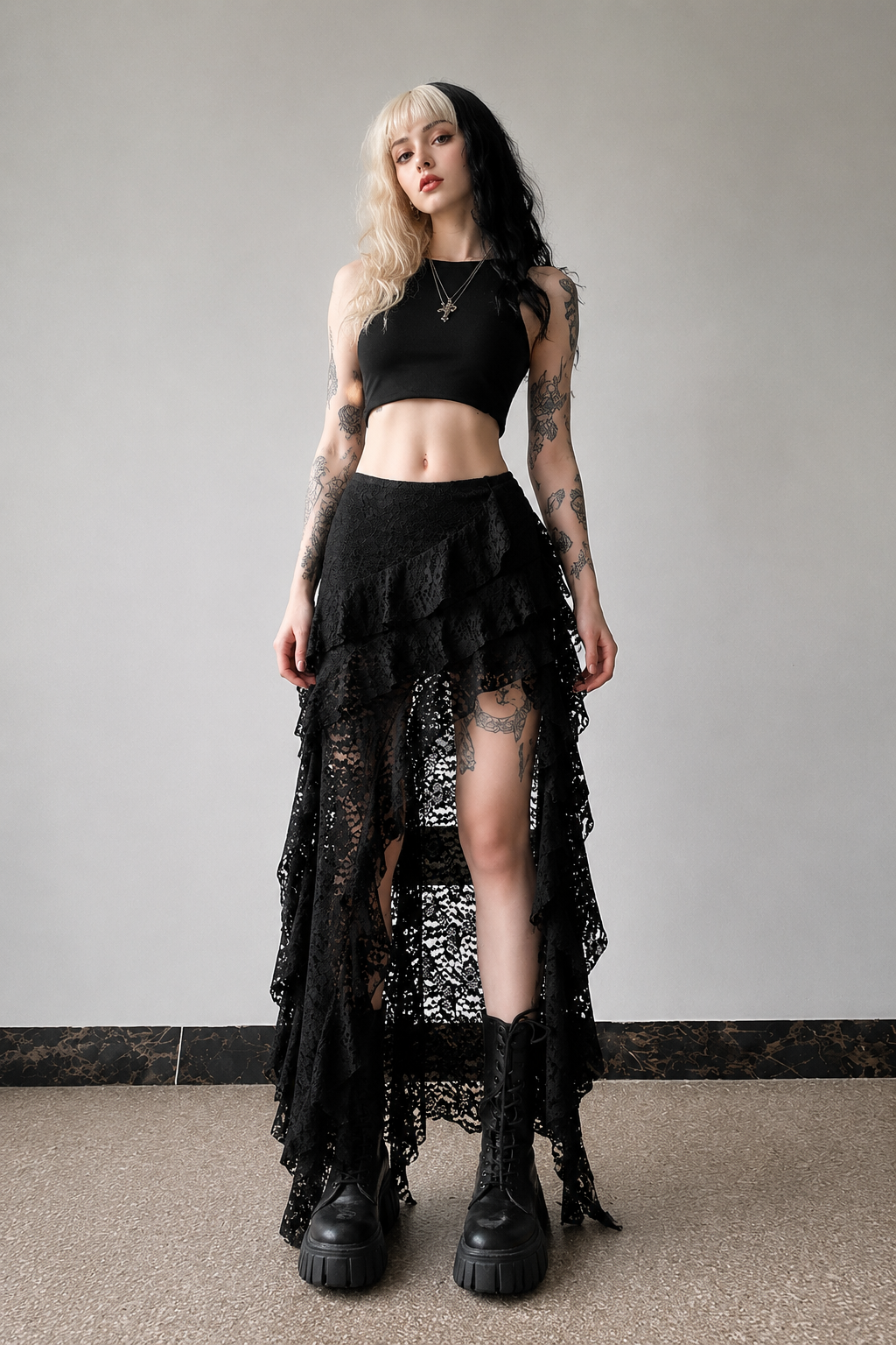 Black Lace Romantic Goth Asymmetrical Maxi Skirt