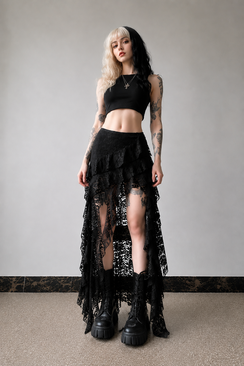 Black Lace Romantic Goth Asymmetrical Maxi Skirt