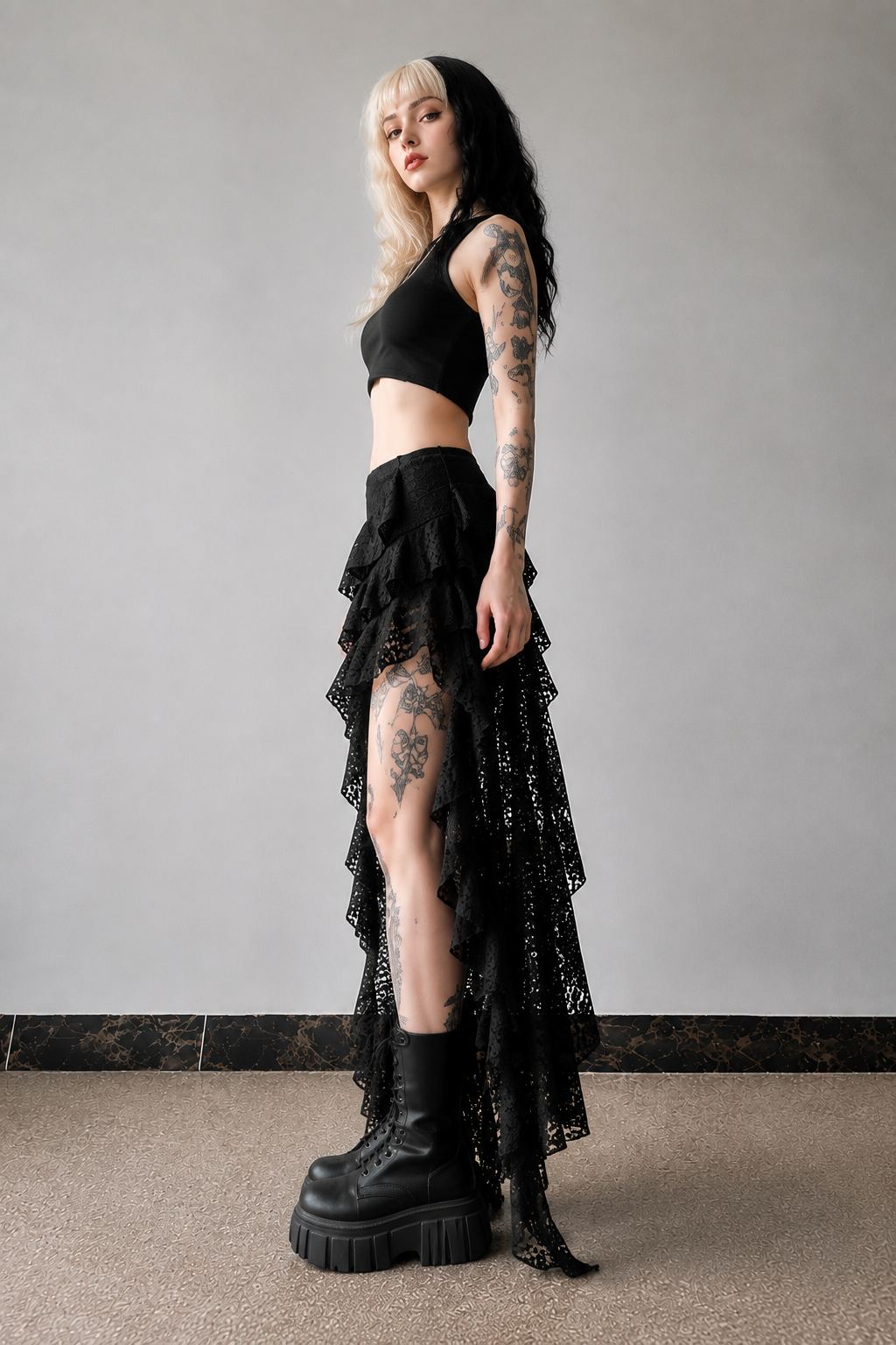 Black Lace Romantic Goth Asymmetrical Maxi Skirt