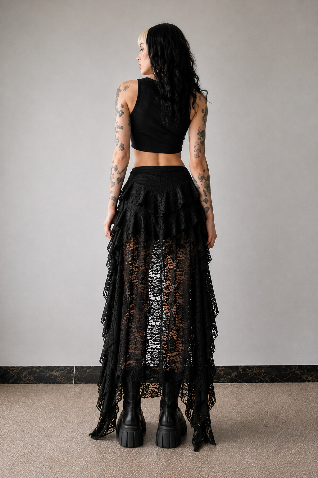Black Lace Romantic Goth Asymmetrical Maxi Skirt