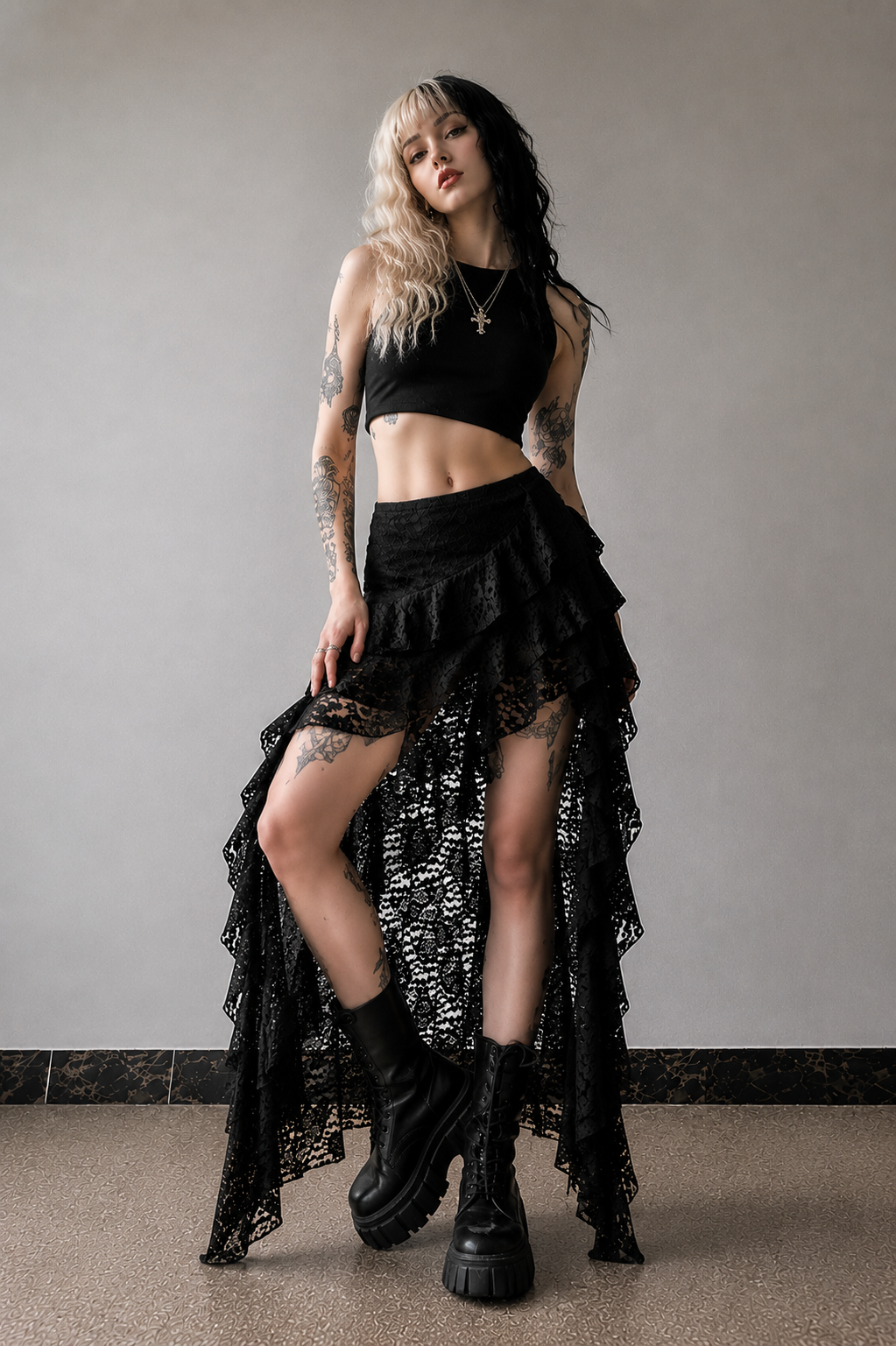 Black Lace Romantic Goth Asymmetrical Maxi Skirt