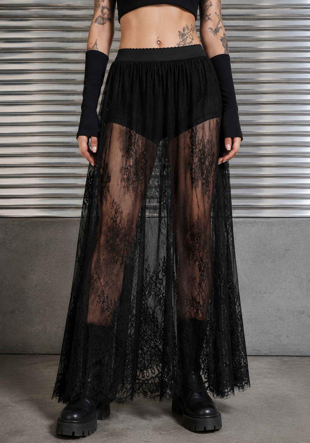 Black Gothic Lace Sheer Maxi Skirt With Shorts
