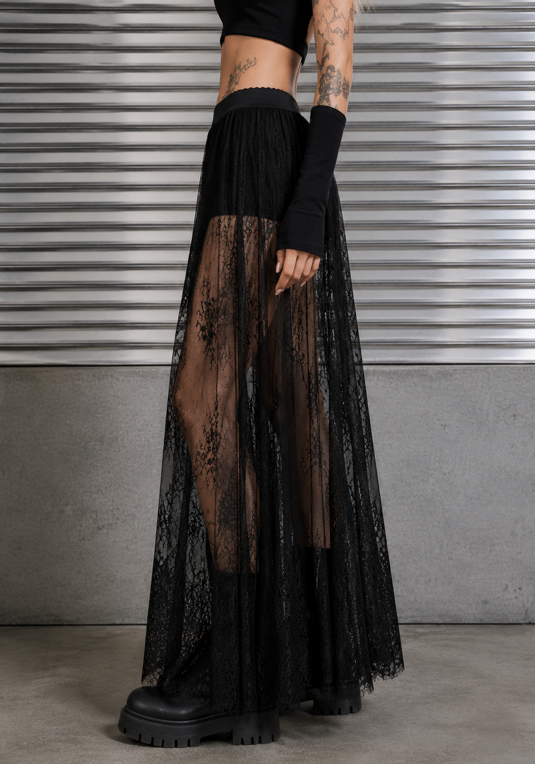 Black Gothic Lace Sheer Maxi Skirt With Shorts