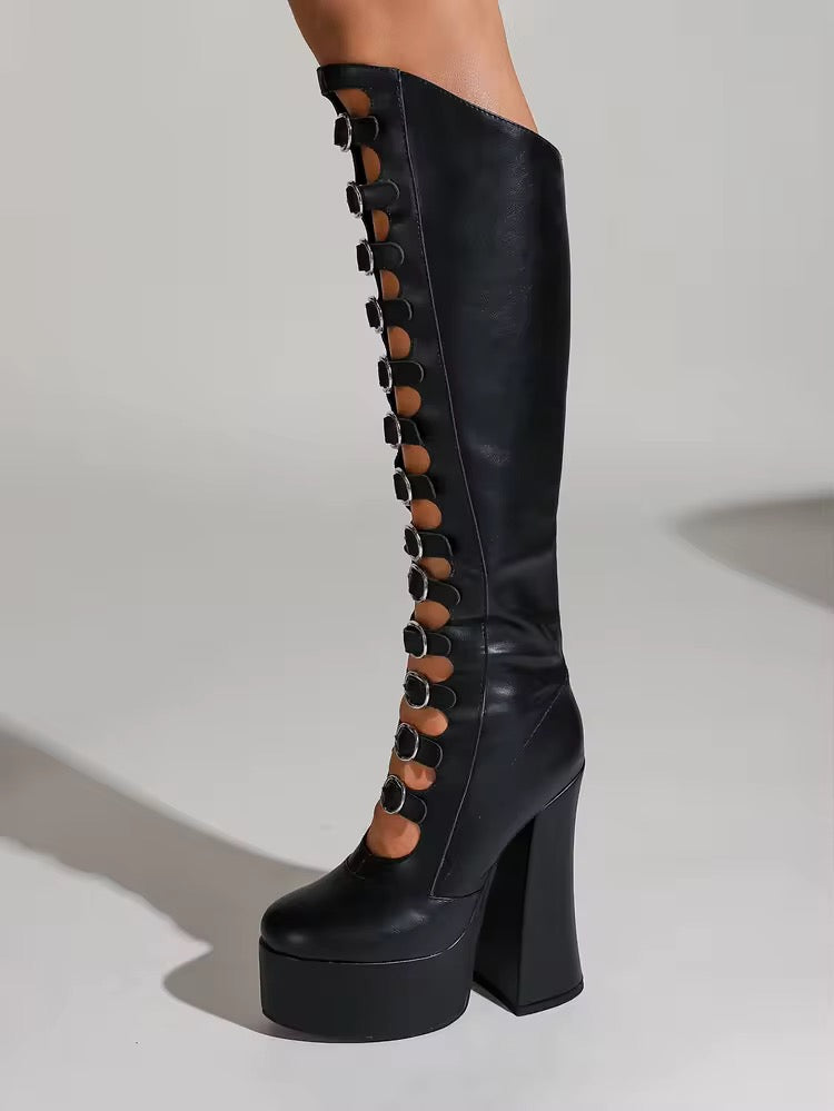 Black Punk Knee High Buckle Platform Heel Boots