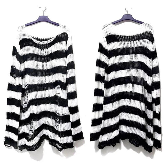 White And Black Striped Grunge Jumper