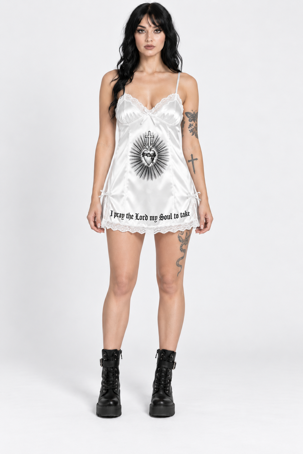 White Satin Gothic Slip Dress with Sacred Heart Print And Lace Trim