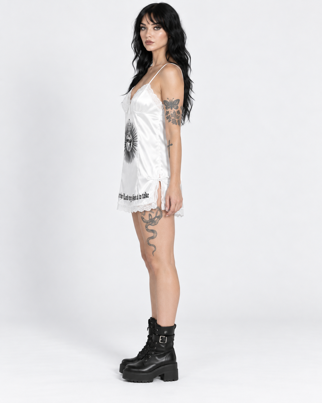 White Satin Gothic Slip Dress with Sacred Heart Print And Lace Trim
