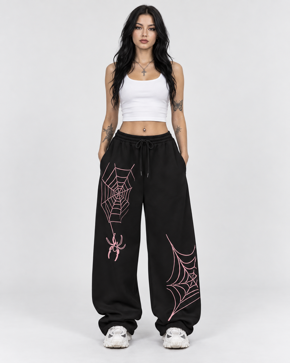 Black Wide Leg Spider Web Tracksuit Bottoms with Pink Print